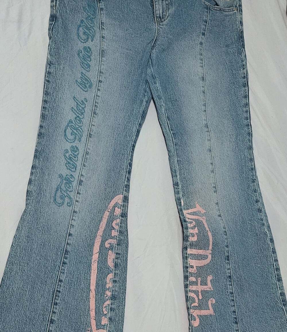 Von Dutch Pink Graphic Flare Jeans Y2K Style Jrs 13/31 Modern Womens 10/ 12